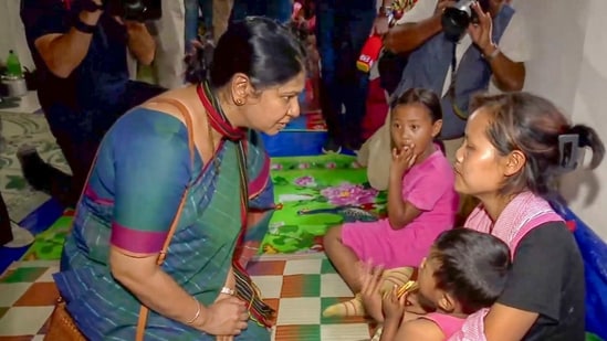 Churachandpur: DMK MP Kanimozhi Karunanidhi during a visit to a relief camp for people affected by the ethnic violence in Manipur, in Churachandpur district, Saturday. Churachandpur: DMK MP Kanimozhi Karunanidhi during a visit to a relief camp for people affected by the ethnic violence in Manipur, in Churachandpur district, Saturday.