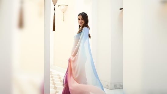In the last image, Alia Bhatt looks like a dream in a pastel ombre sheer georgette saree.&nbsp;(Instagram/@manishmalhotra05)