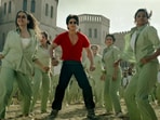 Jawan first song: Shah Rukh Khan, Sanya Malhotra and Priyamani in a still from Zinda Banda. Jawan first song: Shah Rukh Khan, Sanya Malhotra and Priyamani in a still from Zinda Banda.