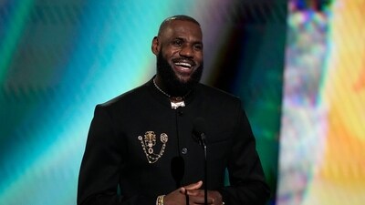Professional NBA basketball player, LeBron James, of the Los Angeles Lakers, accepts the award for best record-breaking performance at the ESPY awards on Wednesday, July 12, 2023, at the Dolby Theatre in Los Angeles. (AP Photo/Mark J. Terrill) (Mark Terrill/Invision/AP)