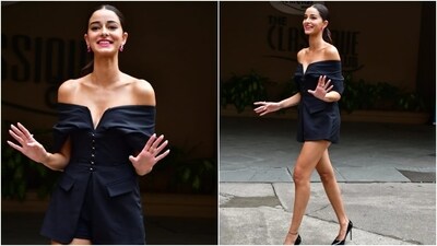 Ananya teamed the stylish blazer with high-waisted black-coloured shorts featuring a super-mini hem length and a figure-skimming fit. Lastly, she chose black pumps with killer high heels, shimmering rings, and pink stone-embellished earrings. (HT Photo/Varinder Chawla) Ananya teamed the stylish blazer with high-waisted black-coloured shorts featuring a super-mini hem length and a figure-skimming fit. Lastly, she chose black pumps with killer high heels, shimmering rings, and pink stone-embellished earrings. (HT Photo/Varinder Chawla)