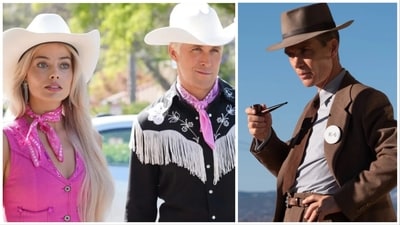 Margot Robbie and Ryan Gosling in a still from Barbie (left) and Cillian Murphy in a still from Oppenheimer (right). Margot Robbie and Ryan Gosling in a still from Barbie (left) and Cillian Murphy in a still from Oppenheimer (right).