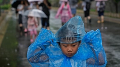 A child wearing a rain cover walks as visitors tour near the closed Forbidden City as a rainstorm soak Beijing, Sunday. (AP) A child wearing a rain cover walks as visitors tour near the closed Forbidden City as a rainstorm soak Beijing, Sunday. (AP)