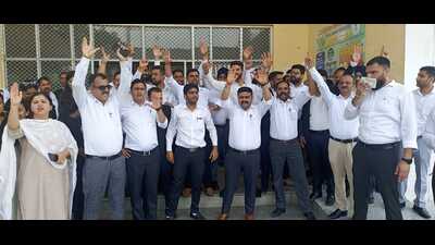 Lawyers stage a protest in Samba on Monday. Lawyers stage a protest in Samba on Monday.