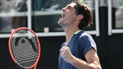 Taylor Fritz celebrates after defeating J.J. Wolf in two sets during the ATP Atlanta Open semi-finals at Atlantic Station on July 29 (Getty Images via AFP)