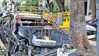 Mumbai, India - July 31, 2023: Vehicle of Taxi Driver parked outside Gamdevi Police station. A 26-year-old drunk businessman from Vile-Parle lost control of his speeding SUV ramming it into several parked cars in which one person lost his life and the other was seriously injured on Bhulabhai Desai road also called as Breach Candy in South Mumbai on Sunday late night, in Mumbai, India, on Monday, July 31, 2023. (Photo by Anshuman Poyrekar/ Hindustan Times) (Hindustan Times) Mumbai, India - July 31, 2023: Vehicle of Taxi Driver parked outside Gamdevi Police station. A 26-year-old drunk businessman from Vile-Parle lost control of his speeding SUV ramming it into several parked cars in which one person lost his life and the other was seriously injured on Bhulabhai Desai road also called as Breach Candy in South Mumbai on Sunday late night, in Mumbai, India, on Monday, July 31, 2023. (Photo by Anshuman Poyrekar/ Hindustan Times) (Hindustan Times)