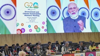Prime Minister Narendra Modi virtually addresses G20 ministers in Chennai. (PTI) Prime Minister Narendra Modi virtually addresses G20 ministers in Chennai. (PTI)
