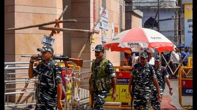 Security personnel at the Gyanvapi mosque during Friday prayers, in Varanasi. (PTI Photo) Security personnel at the Gyanvapi mosque during Friday prayers, in Varanasi. (PTI Photo)