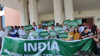 The ruling alliance under the banner of the newly formed INDIA also held a protest over Prime Minister’s “silence” on the Manipur issue, outside the assembly on Monday. (HT Photo) The ruling alliance under the banner of the newly formed INDIA also held a protest over Prime Minister’s “silence” on the Manipur issue, outside the assembly on Monday. (HT Photo)