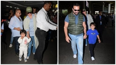 Kareena Kapoor and Saif Ali Khan with their sons at airport on Monday. (Pics; Varinder Chawla) Kareena Kapoor and Saif Ali Khan with their sons at airport on Monday. (Pics; Varinder Chawla)