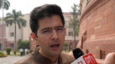 AAP MP Raghav Chadha talks to the media as he arrives at the Parliament House complex during ongoing Monsoon session, in New Delhi, Monday. (PTI) AAP MP Raghav Chadha talks to the media as he arrives at the Parliament House complex during ongoing Monsoon session, in New Delhi, Monday. (PTI)