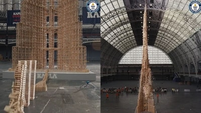 The image shows the toppling of the world’s tallest tower of wooden toy blocks. (Twitter/@GWR)