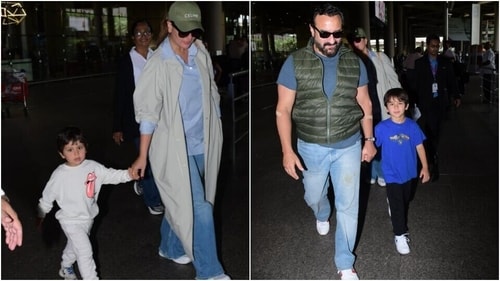 Kareena Kapoor and Saif Ali Khan with Taimur and Jeh at the airport. (HT Photo/Varinder Chawla) Kareena Kapoor and Saif Ali Khan with Taimur and Jeh at the airport. (HT Photo/Varinder Chawla)