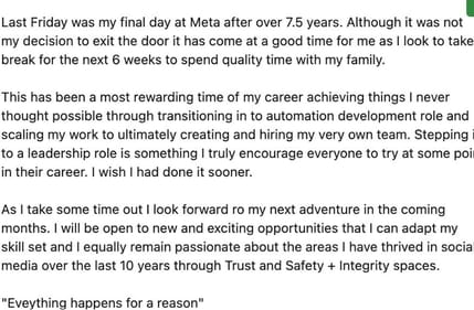 A screenshot of the former Meta staffer's LinkedIn post. A screenshot of the former Meta staffer's LinkedIn post.
