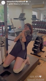 Samantha's morning workout with a cat. Samantha's morning workout with a cat.