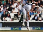 Stuart Broad bowls on Day 5 of the fifth Ashes Test, which England won by 49 runs at The Oval in London