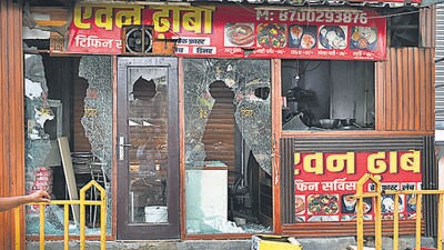A damaged shop on the Gurugram-Sohna Road in Nuh on Tuesday. (Parveen Kumar/HT Photo) A damaged shop on the Gurugram-Sohna Road in Nuh on Tuesday. (Parveen Kumar/HT Photo)