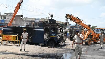 A group of miscreants set fire several vehicles during the communal violence in Nuh in Gurugram, India, on Tuesday. (HT Photo/Parveen Kumar) A group of miscreants set fire several vehicles during the communal violence in Nuh in Gurugram, India, on Tuesday. (HT Photo/Parveen Kumar)