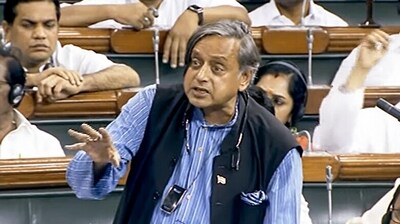 Congress MP Shashi Tharoor speaks in Lok Sabha during the Monsoon Session of Parliament, in New Delhi on Tuesday. (ANI ) Congress MP Shashi Tharoor speaks in Lok Sabha during the Monsoon Session of Parliament, in New Delhi on Tuesday. (ANI )