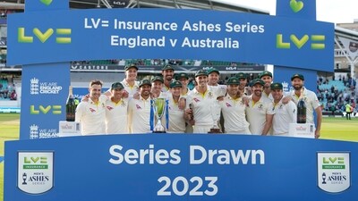Pat Cummins holds the Ashes urn as Australia retain the trophy on Day 5 of the fifth Ashes Test (AP) Pat Cummins holds the Ashes urn as Australia retain the trophy on Day 5 of the fifth Ashes Test (AP)