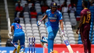 Shubman Gill runs between the wicket against West Indies during the third ODI at the Brian Lara Stadium in Tarouba (AP) Shubman Gill runs between the wicket against West Indies during the third ODI at the Brian Lara Stadium in Tarouba (AP)
