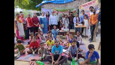 Around 50 children from the slum near Singapore Mall, Gomti Nagar, took part in the week-long health awareness camp for World ORS Awareness Week, in Lucknow, on Tuesday. (HT Photo) Around 50 children from the slum near Singapore Mall, Gomti Nagar, took part in the week-long health awareness camp for World ORS Awareness Week, in Lucknow, on Tuesday. (HT Photo)