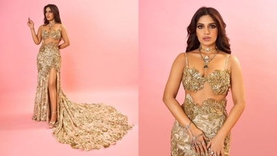 The pictures show Bhumi in a bralette featuring sequin-embellished shoulder straps, applique embroidered floral-shaped cups, a plunging neckline, an infinity-style hem, a fitted bust, and diamantes adorned in intricate patterns. (Instagram) The pictures show Bhumi in a bralette featuring sequin-embellished shoulder straps, applique embroidered floral-shaped cups, a plunging neckline, an infinity-style hem, a fitted bust, and diamantes adorned in intricate patterns. (Instagram)