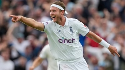 England's Stuart Broad celebrates (AP)