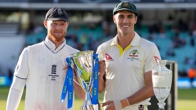 England captain Ben Stokes and Australia captain Pat Cummins pose with the trophies on day 5 of the fifth Ashes Test (AP) England captain Ben Stokes and Australia captain Pat Cummins pose with the trophies on day 5 of the fifth Ashes Test (AP)