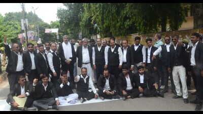 Lawyers at the Prayagraj district court too boycotted work on Tuesday in protest of the arrest of their colleague Vijay Mishra (File) Lawyers at the Prayagraj district court too boycotted work on Tuesday in protest of the arrest of their colleague Vijay Mishra (File)