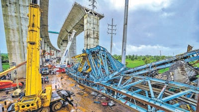 Mumbai, India - Aug. 1, 2023: 17 people died and three were injured as a girder machine fell on them during construction of the third phase of Samruddhi Expressway in the Thane district of Maharashtra, India, on Tuesday, August 1, 2023. (Photo by Satish Bate/ Hindustan Times) (Hindustan Times) Mumbai, India - Aug. 1, 2023: 17 people died and three were injured as a girder machine fell on them during construction of the third phase of Samruddhi Expressway in the Thane district of Maharashtra, India, on Tuesday, August 1, 2023. (Photo by Satish Bate/ Hindustan Times) (Hindustan Times)