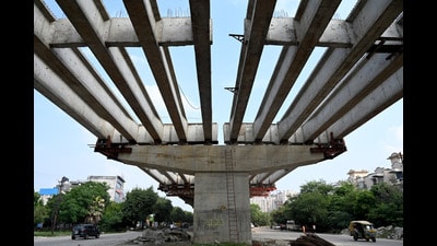 Noida, India- July 31, 2023: A view of Bhangel elevated road near sector 49.The Noida authority chief executive officer Lokesh M has directed the agency to stop the construction work on Bhangel elevated being built above city's main routes Dadri road to provide seamless commute. The work is halted after agency engaged in work escalated the cost citing delay in construction and hike in prices of construction material. CEO has sought a report as to why the cost is escalated upto R150 crore, in Noida, India, on Monday,31, 2023. (Photo by Sunil Ghosh / Hindustan Times) To go with Vinod’s story (Sunil Ghosh/Ht Photo) Noida, India- July 31, 2023: A view of Bhangel elevated road near sector 49.The Noida authority chief executive officer Lokesh M has directed the agency to stop the construction work on Bhangel elevated being built above city's main routes Dadri road to provide seamless commute. The work is halted after agency engaged in work escalated the cost citing delay in construction and hike in prices of construction material. CEO has sought a report as to why the cost is escalated upto R150 crore, in Noida, India, on Monday,31, 2023. (Photo by Sunil Ghosh / Hindustan Times) To go with Vinod’s story (Sunil Ghosh/Ht Photo)