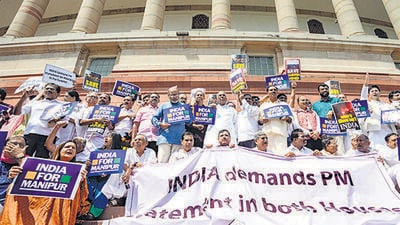 Opposition leaders protest over the ethnic violence in Manipur, in Parliament on July 24. (PTI) Opposition leaders protest over the ethnic violence in Manipur, in Parliament on July 24. (PTI)