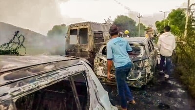 Charred remains of vehicles set on fire by miscreants after clashes broke out during a 'Brij Mandal Jalabhishek Yatra' in Nuh on Monday. (PTI Photo) Charred remains of vehicles set on fire by miscreants after clashes broke out during a 'Brij Mandal Jalabhishek Yatra' in Nuh on Monday. (PTI Photo)