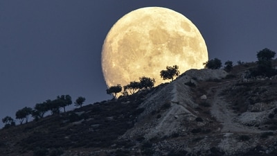 A day before the ‘sturgeon moon’,the waxing gibbous moon rises behind trees on a hill in Jindayris, in the rebel-held part of Syria's northwestern province of Aleppo, on Monday. (AFP)