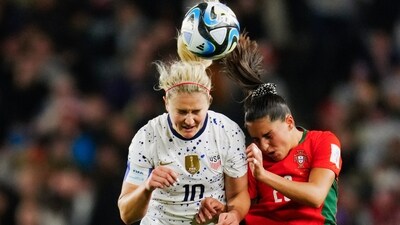 United States' Lindsey Horan and Portugal's Kika Nazareth compete to head the ball during the Women's World Cup Group E soccer match between Portugal and the United States at Eden Park in Auckland, New Zealand, Tuesday, Aug. 1, 2023. (AP) United States' Lindsey Horan and Portugal's Kika Nazareth compete to head the ball during the Women's World Cup Group E soccer match between Portugal and the United States at Eden Park in Auckland, New Zealand, Tuesday, Aug. 1, 2023. (AP)
