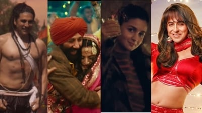 (L-R) Stills from OMG 2, Gadar 2, Heart of Stone, and Dream Girl 2.