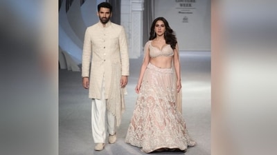 The gorgeous Bollywood duo Sara Ali Khan and Aditya Roy Kapur walked the ramp as showstoppers for the couturiers Shantnu & Nikhil. (Instagram/@fdciofficial) The gorgeous Bollywood duo Sara Ali Khan and Aditya Roy Kapur walked the ramp as showstoppers for the couturiers Shantnu & Nikhil. (Instagram/@fdciofficial)