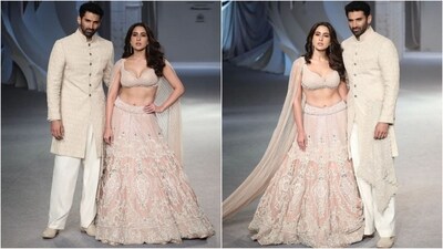 Sara wore a pastel pink bralette with a long attached cape and a flared skirt with intricate embroidery. She finished off her glam look with a minimal make-up look, silver drop statement earrings and her left open in middle partition. (Instagram/@fdciofficial) Sara wore a pastel pink bralette with a long attached cape and a flared skirt with intricate embroidery. She finished off her glam look with a minimal make-up look, silver drop statement earrings and her left open in middle partition. (Instagram/@fdciofficial)