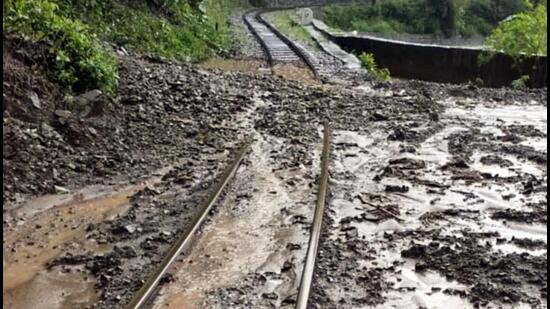 Shimla-Kalka heritage rail track covered in sludge following heavy rainfall, in Shimla in July. (ANI File)