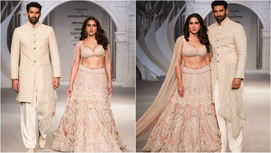 Sara Ali Khan and Aditya Roy Kapur turn showstoppers for Shantnu & Nikhil at India Couture Week. (Instagram/@fdciofficial)