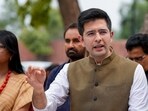 AAP MP Raghav Chadha speaking outside Parliament. AAP MP Raghav Chadha speaking outside Parliament.
