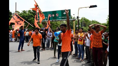 : Bajrang Dal workers and VHP workers taking out a protest march against the violence in Haryana, in Noida on Wednesday. (Sunil Ghosh/HT Photo) : Bajrang Dal workers and VHP workers taking out a protest march against the violence in Haryana, in Noida on Wednesday. (Sunil Ghosh/HT Photo)