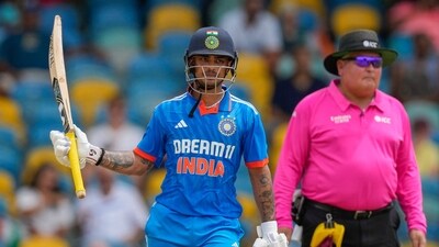 India's Ishan Kishan celebrates half a century against West Indies (AP) India's Ishan Kishan celebrates half a century against West Indies (AP)