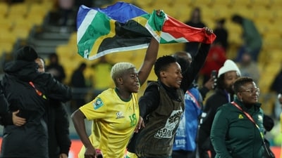 South Africa players and staff celebrate their win at the end of FIFA 2023 Women's World Cup Group G match against Italy (AFP) South Africa players and staff celebrate their win at the end of FIFA 2023 Women's World Cup Group G match against Italy (AFP)