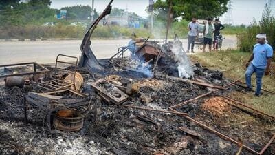Fire department officials said that the incident took place around 2pm. Some old tyre shops and others selling scrap were burnt. The blaze was soon doused, the official said. (PTI) Fire department officials said that the incident took place around 2pm. Some old tyre shops and others selling scrap were burnt. The blaze was soon doused, the official said. (PTI)