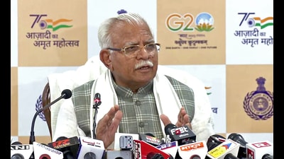 Haryana chief minister Manohar Lal Khattar addresses a press conference regarding the violence that recently occurred between two groups in Nuh, in Chandigarh on Wednesday. (ANI) Haryana chief minister Manohar Lal Khattar addresses a press conference regarding the violence that recently occurred between two groups in Nuh, in Chandigarh on Wednesday. (ANI)