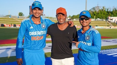 Former West Indies cricketer Brian Lara with Shubman Gill and Ishan Kishan (PTI) Former West Indies cricketer Brian Lara with Shubman Gill and Ishan Kishan (PTI)