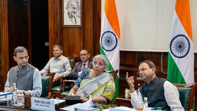 Union Finance Minister Nirmala Sitharaman with Union MoS for Finance Pankaj Chaudhary and Revenue Secretary Sanjay Malhotra during the 51st Goods and Services Tax (GST) Council Meeting. (PTI) Union Finance Minister Nirmala Sitharaman with Union MoS for Finance Pankaj Chaudhary and Revenue Secretary Sanjay Malhotra during the 51st Goods and Services Tax (GST) Council Meeting. (PTI)