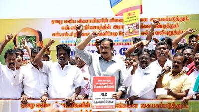 Pattali Makkal Katchi (PMK) president Anbumani Ramadoss leads the party's protest against the Land acquisition for NLC mining expansion in Cuddalore on July 29. (ANI) Pattali Makkal Katchi (PMK) president Anbumani Ramadoss leads the party's protest against the Land acquisition for NLC mining expansion in Cuddalore on July 29. (ANI)